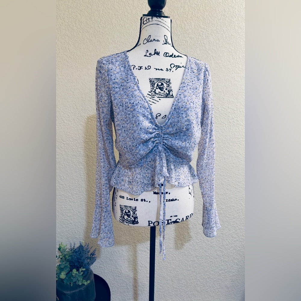 Spring Flowy Floral Cottagecore Ruched Front Peplum Top Bell Sleeve Periwinkle
